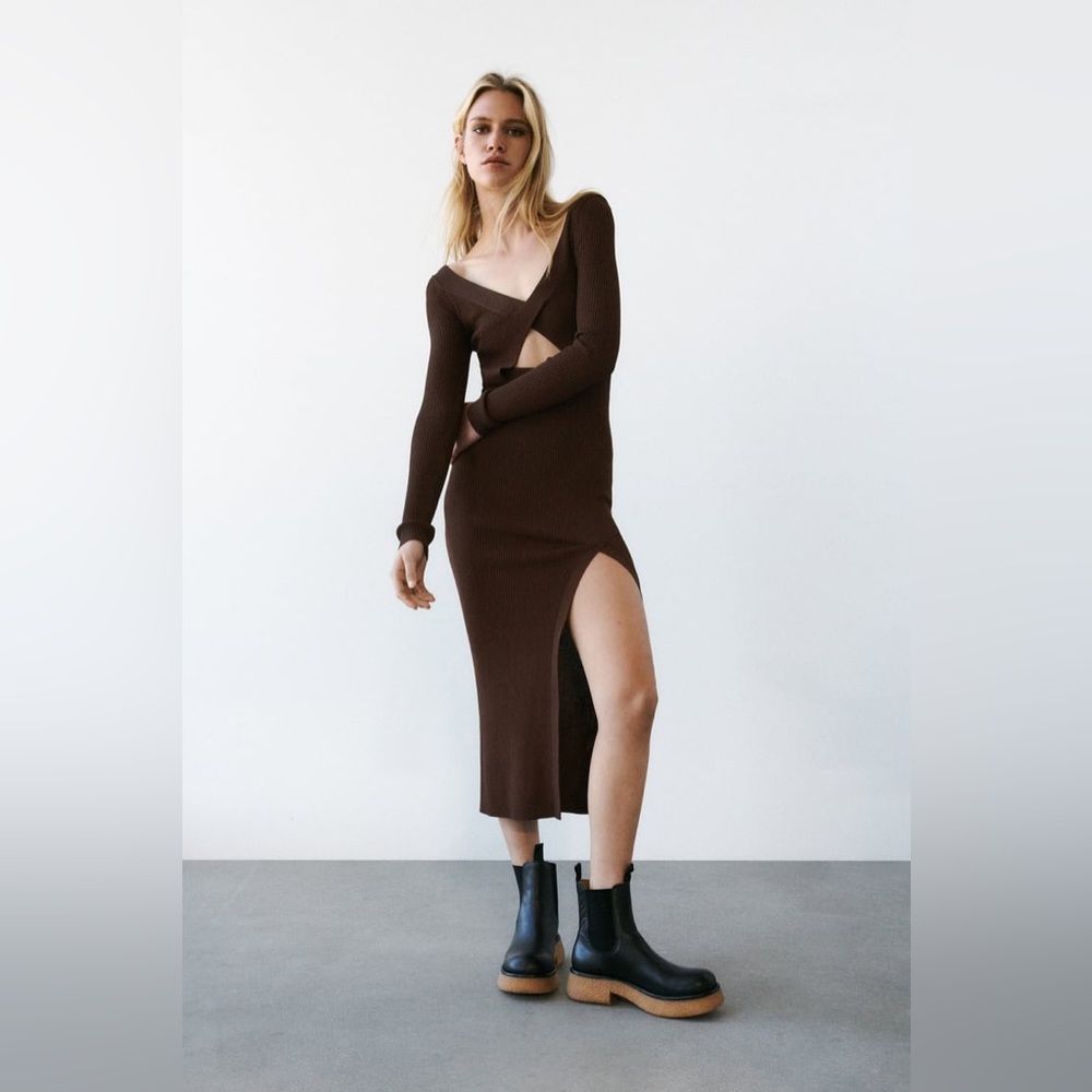 Zara Cutout Knit Dress Chocolate NWT Size Small